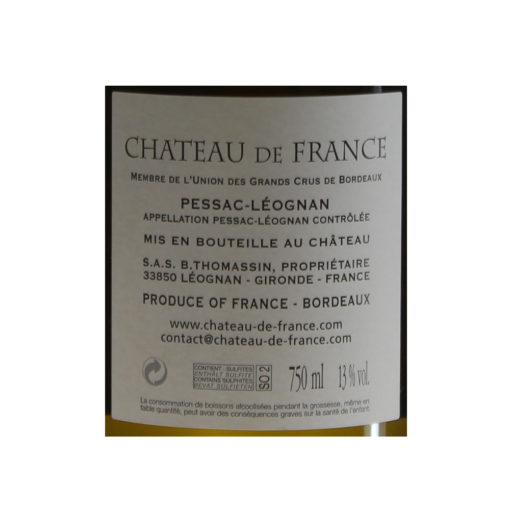 Chateau-De-France-Pessac-Leognan-Blanc-2017-etiquette-dos | 13 degrés à l'ombre - Vins et Spiritueux Chateau-De-France-Pessac-Leognan-Blanc-2017-etiquette-2